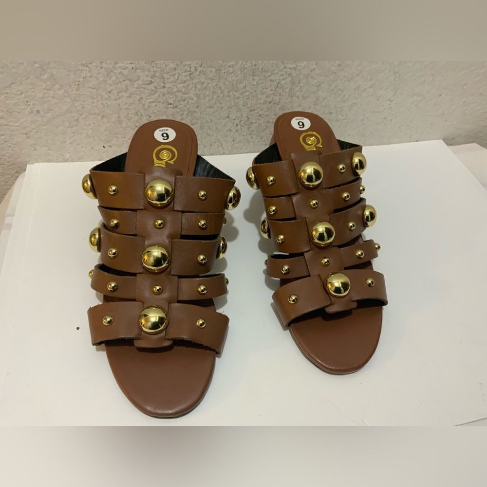 GOLO Worthy Studded Slide Leather Sandal, Brown, Italian Leather 9